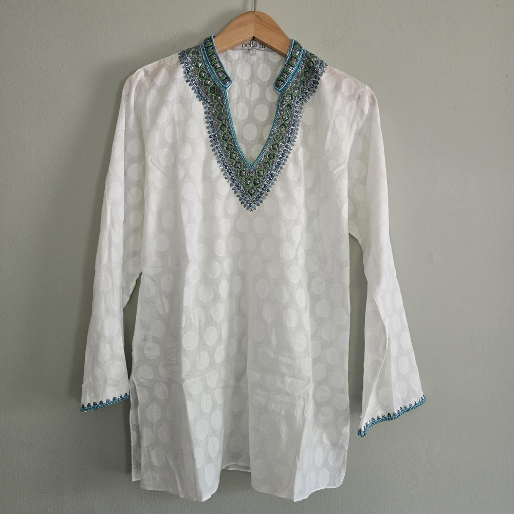 Bella Tu White Cotton Tunic with Exquisite Beadwork,  L